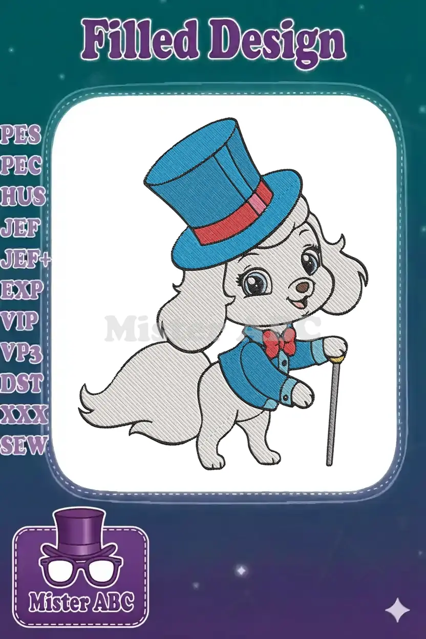 Adorable white puppy embroidery in a blue top hat and bow tie, holding a cane, ready for a grand adventure.