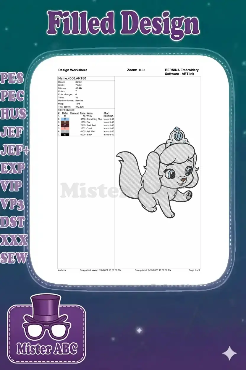 Embroidery design worksheet detailing dimensions, stitch count, color changes, and thread chart for the puppy.