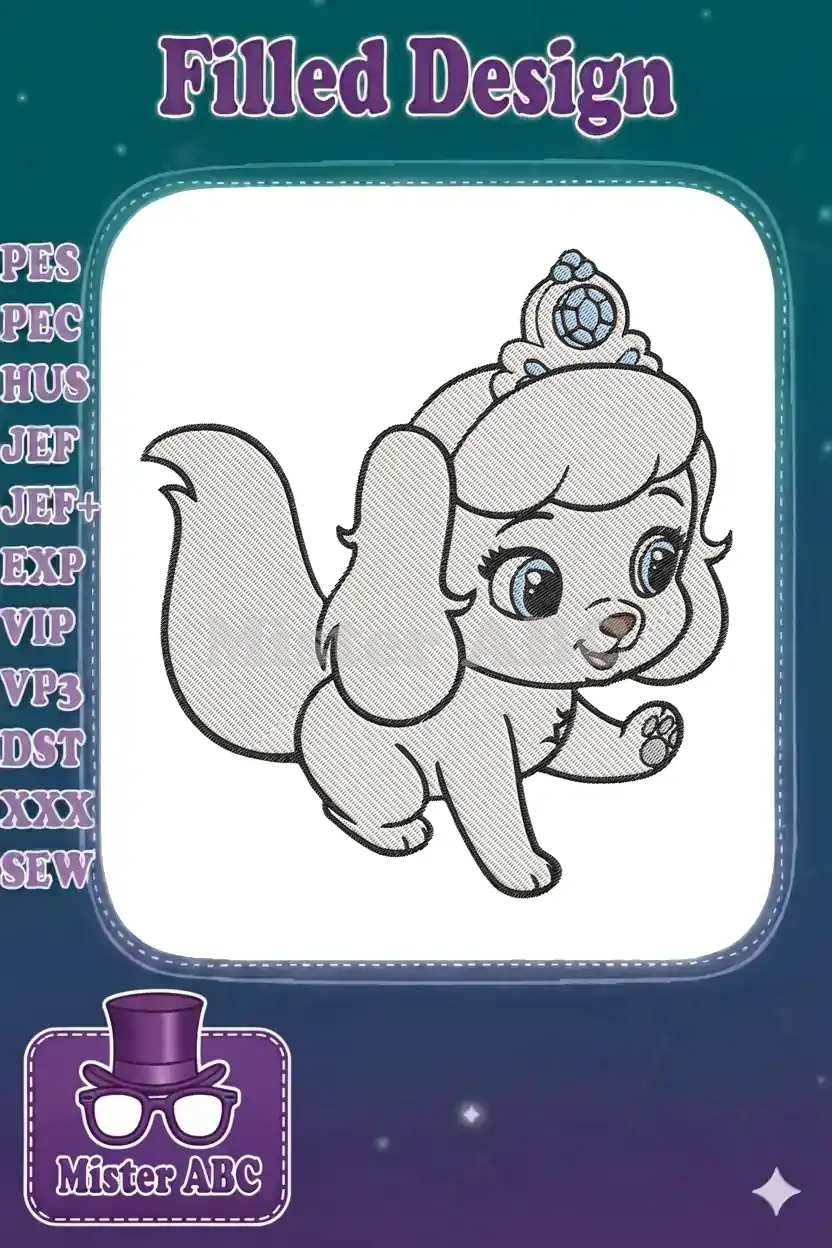 Close-up of a charming white puppy embroidery design with blue eyes and a sparkling blue crown on its head.