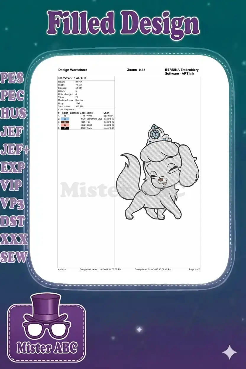 Embroidery design worksheet for item 4507, showing dimensions, stitch count, color sequence, and a preview image.