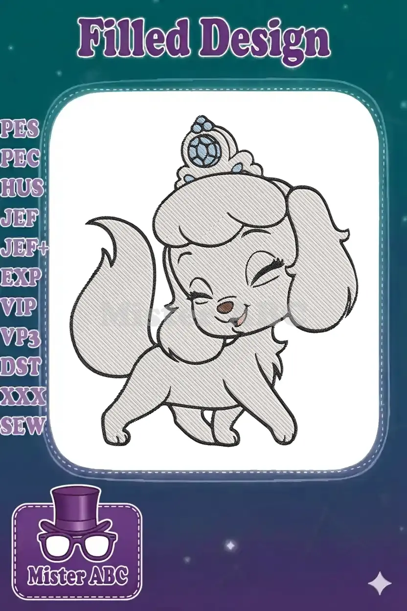 Adorable embroidery design featuring a white princess puppy wearing a blue and silver crown, with a cheerful expression.