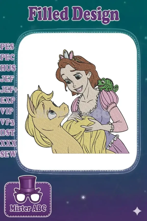 Embroidered design of Rapunzel gently interacting with Maximus, with Pascal perched on her shoulder, vibrant and detailed.