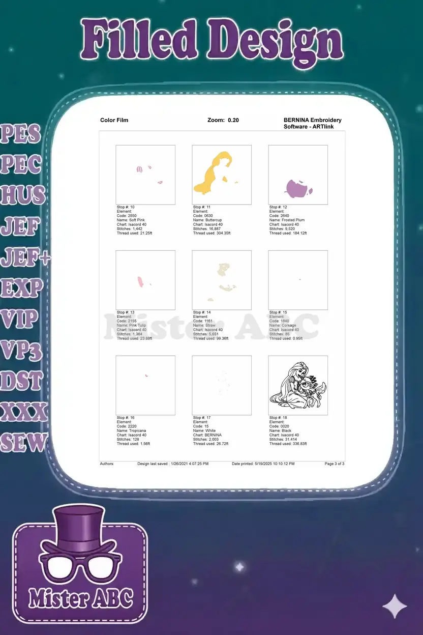 Embroidery color film showing the final nine individual stitch stops and the complete design outline.