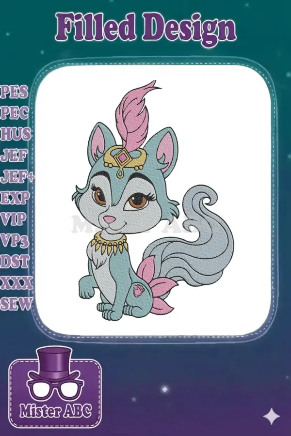 Full view of an enchanting embroidered fox character, Flikka, featuring a pink feather, golden crown, and necklace.