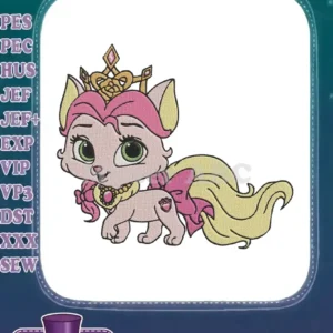 Close-up of an adorable princess cat embroidery design featuring a golden crown, pink bow, and vibrant green eyes.