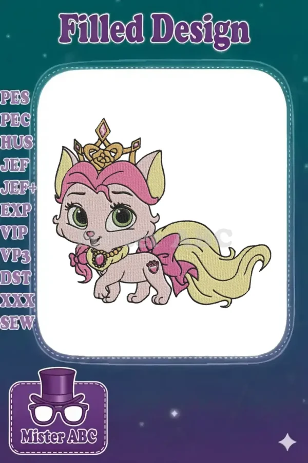 Close-up of an adorable princess cat embroidery design featuring a golden crown, pink bow, and vibrant green eyes.