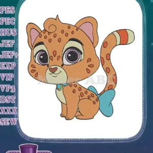 Close-up of a charming embroidered cheetah cub design with vibrant orange fur, large eyes, and a cute blue bow.
