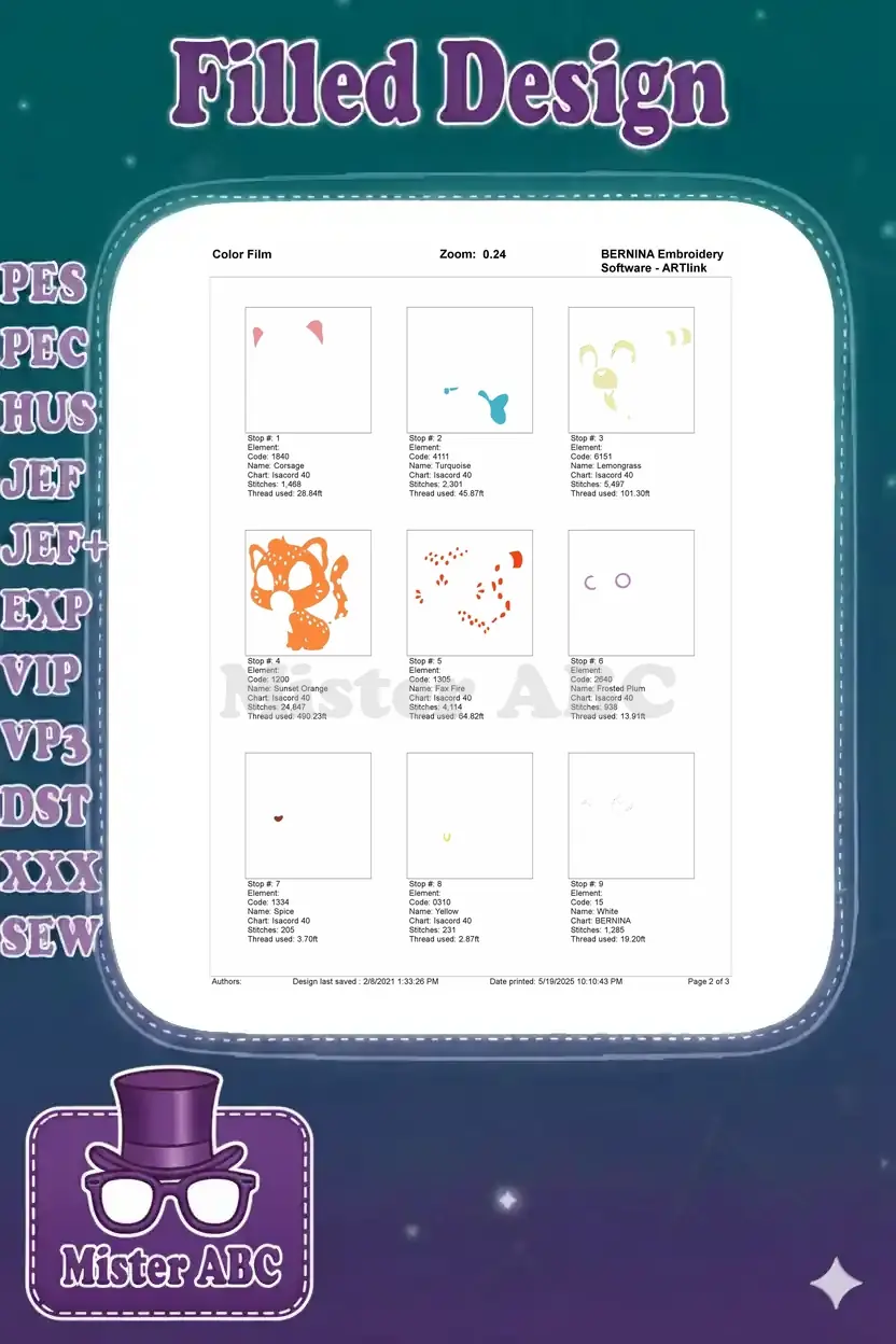 First page of the embroidery color film, illustrating the initial nine stitching steps and thread usage.