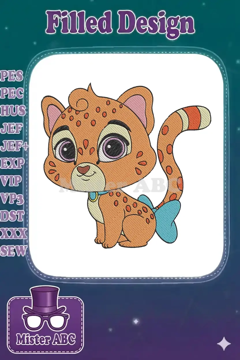 Close-up of a charming embroidered cheetah cub design with vibrant orange fur, large eyes, and a cute blue bow.