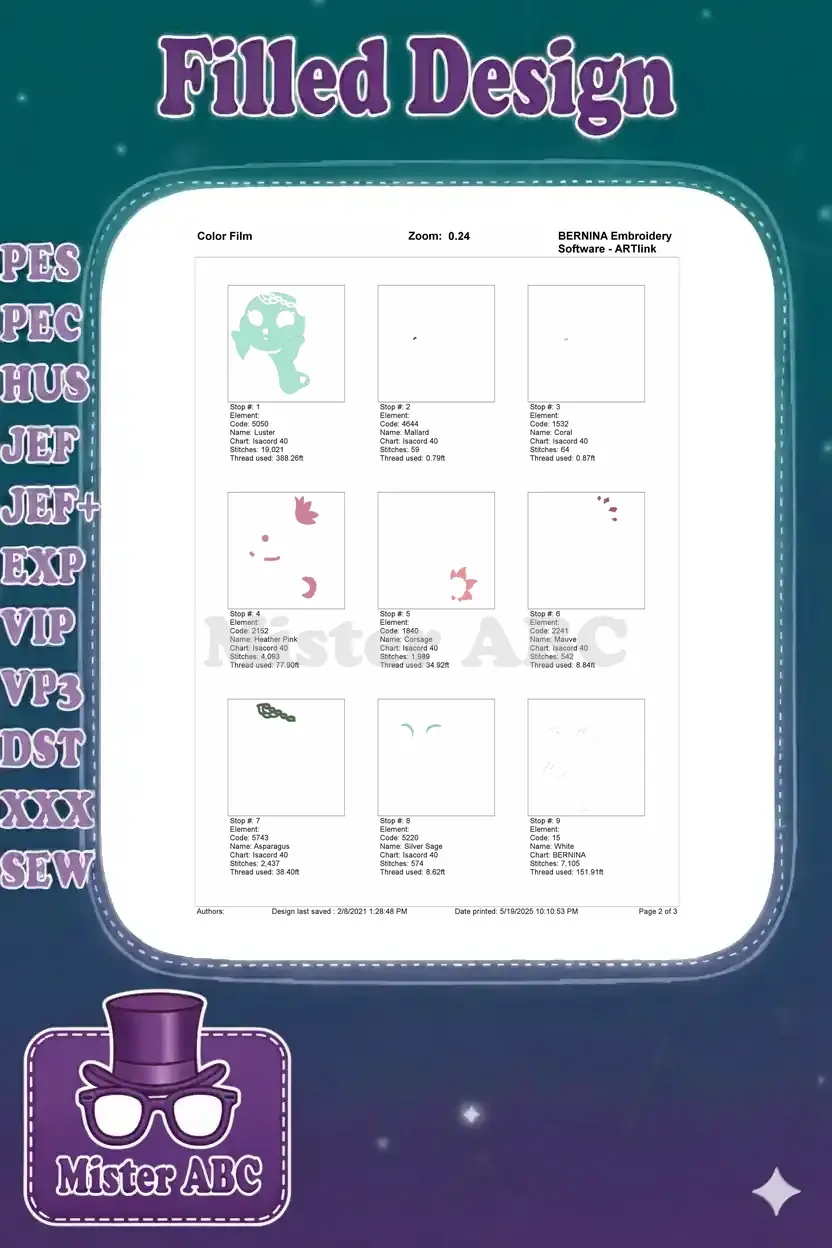 Color film page 2 for Coral the seal embroidery, showing stitch sequence for the first 9 color elements.