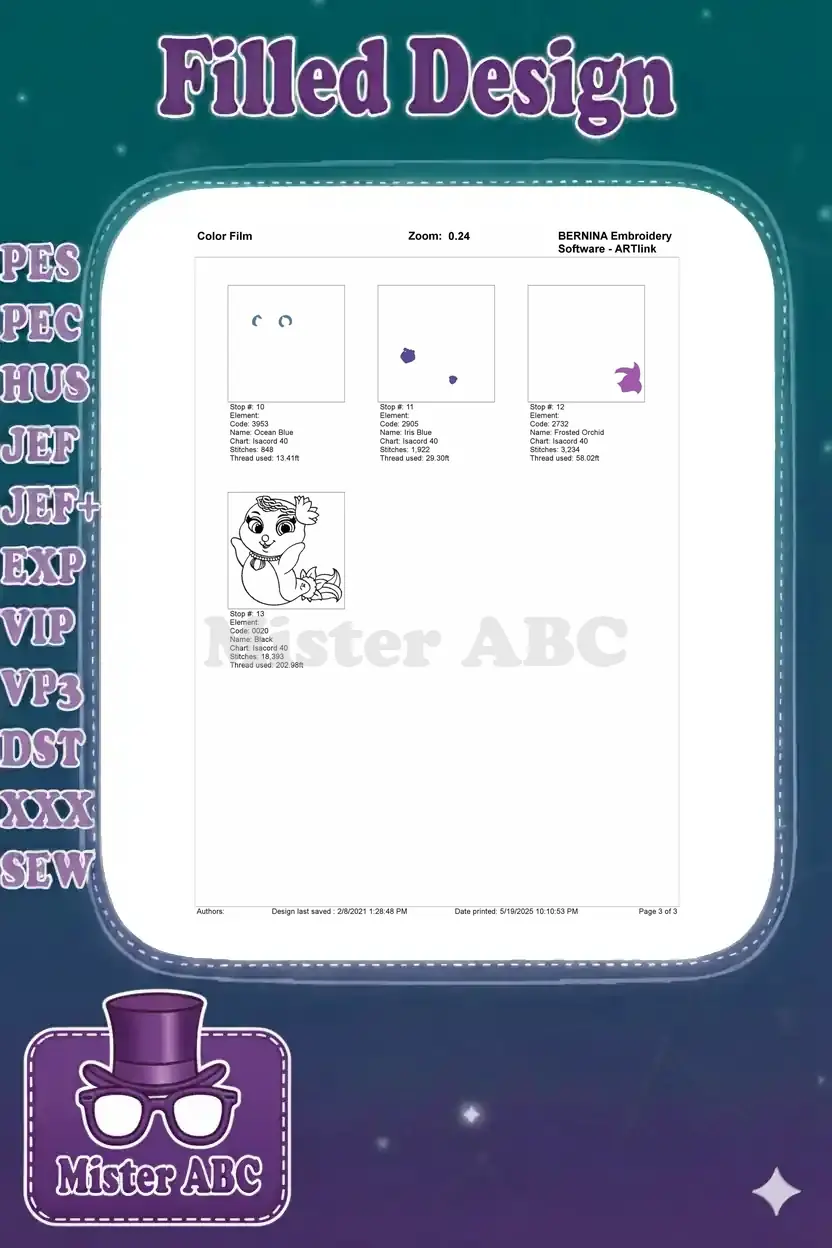 Color film page 3 for Coral the seal embroidery, showing stitch sequence for the remaining color elements.