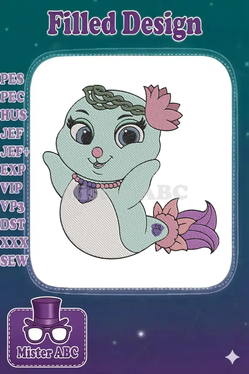 Close-up of an adorable embroidered light blue seal-mermaid character, Coral, with a flower crown and seashell necklace.