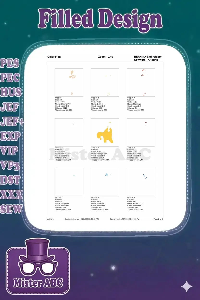 Embroidery color film page 2, illustrating the first nine distinct color elements and their stitch details for the design.