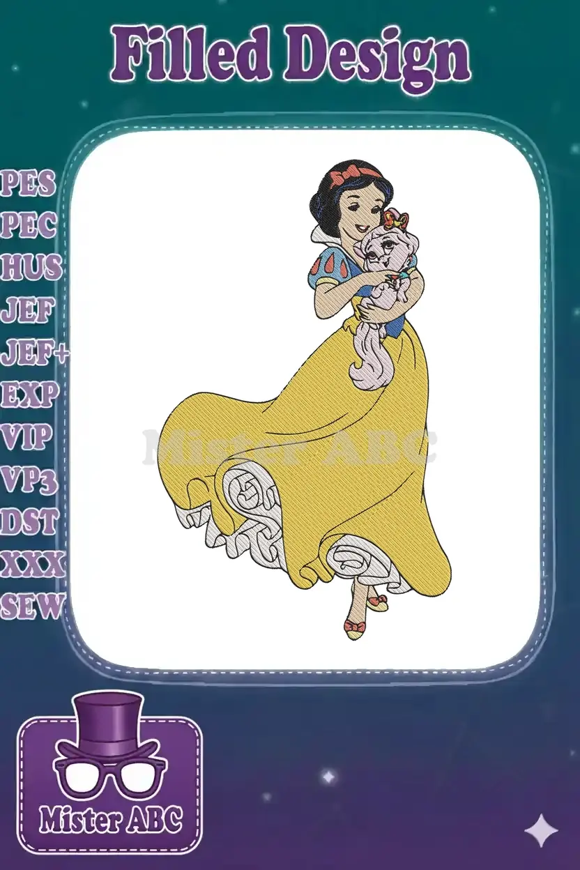 Delightful embroidery of Snow White in her iconic yellow gown, tenderly holding a charming, stylized pet with intricate details.