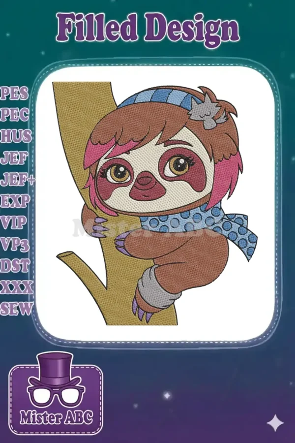 An adorable cartoon sloth with pink-streaked hair, a blue beanie, and a polka-dot scarf, clinging to a tree branch.