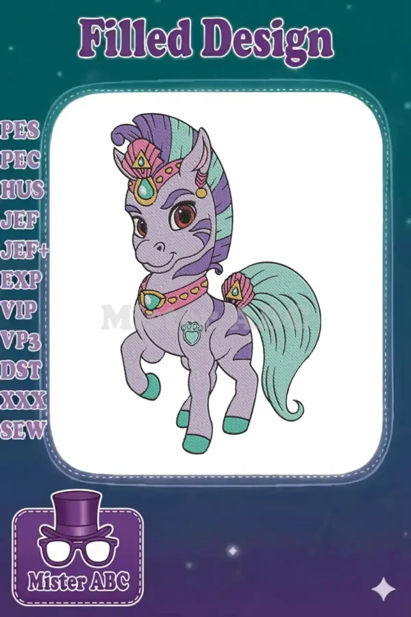 Vibrant purple Zahracorn embroidery design with teal mane, adorned with golden jewels and seashell accents.