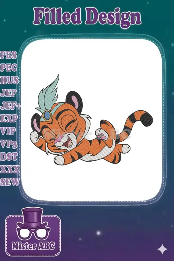 A charming baby Rajah embroidery design, featuring a playful tiger cub with a feather turban in vibrant colors.