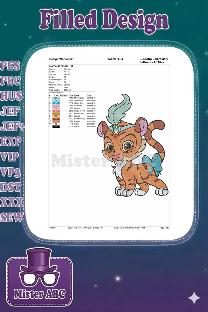 Embroidery design worksheet for the tiger cub, showing dimensions, stitch count, color sequence, and machine info.