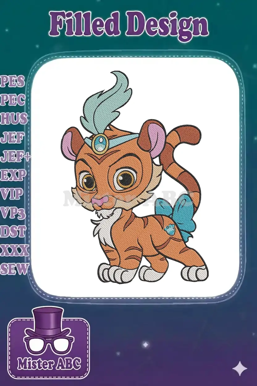 An adorable orange tiger cub embroidery design with a blue feather headband and bow, featuring large expressive eyes.