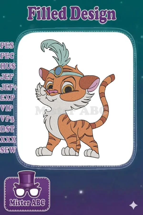 Close-up of an embroidered baby tiger cub, possibly Rajah, wearing a blue and gold turban with a feather, on a white background.