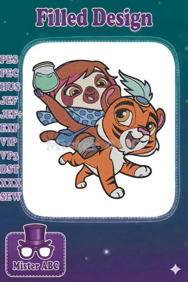 Vibrant embroidery design featuring Mikku the sloth holding a jar while riding Chikku the tiger cub, full of adventure.