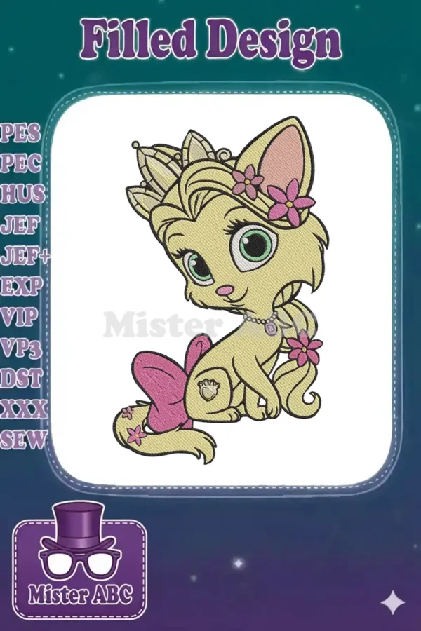 Adorable princess cat embroidery design featuring blonde hair, a crown, pink flowers, and a charming necklace.