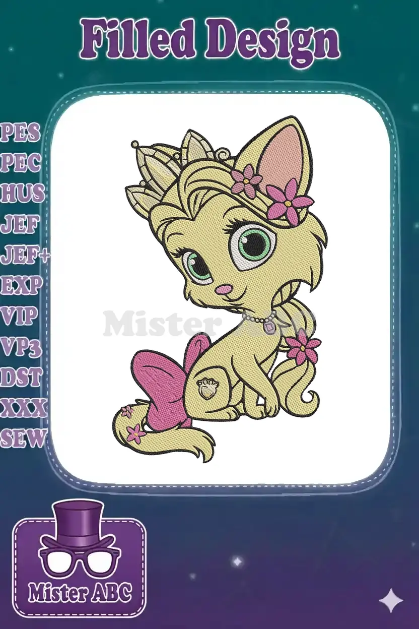 Adorable princess cat embroidery design featuring blonde hair, a crown, pink flowers, and a charming necklace.