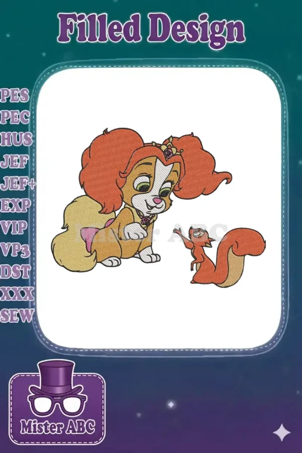 An adorable machine embroidery design of Princess Amber as a puppy interacting playfully with a small squirrel.