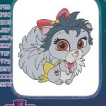 Cute fluffy grey cat red bow heart necklace embroidery designs - Instant Download