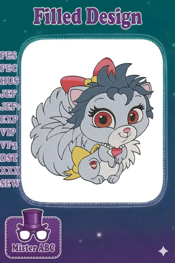 Close-up of an adorable embroidered Pumpkin, Cinderella's Palace Pet, featuring a red bow and heart necklace.