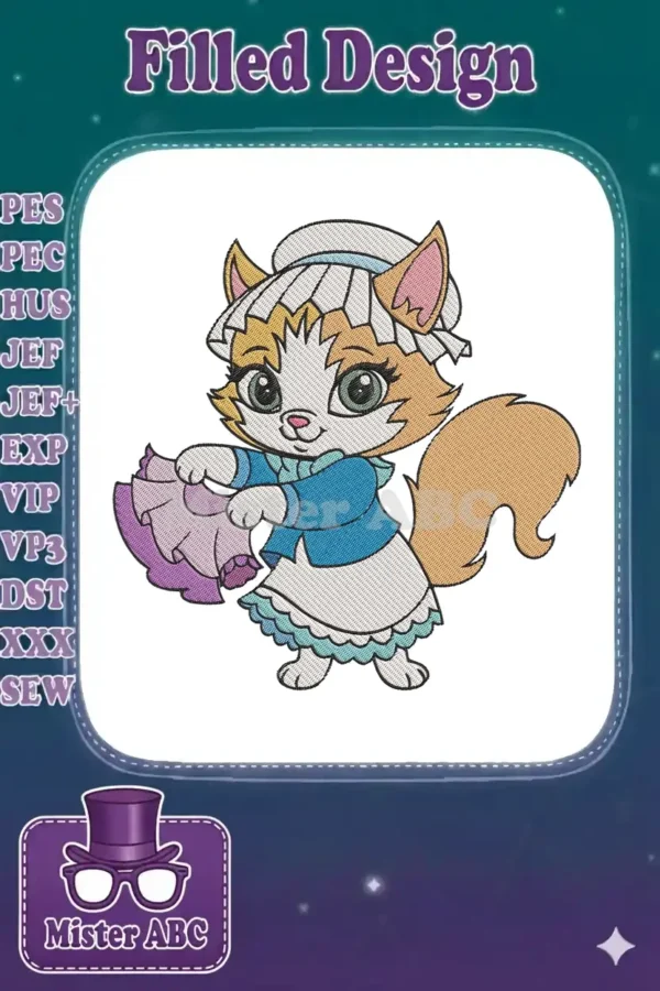 Adorable cat maid embroidery design with big green eyes, wearing a blue dress and bonnet, holding a purple item.