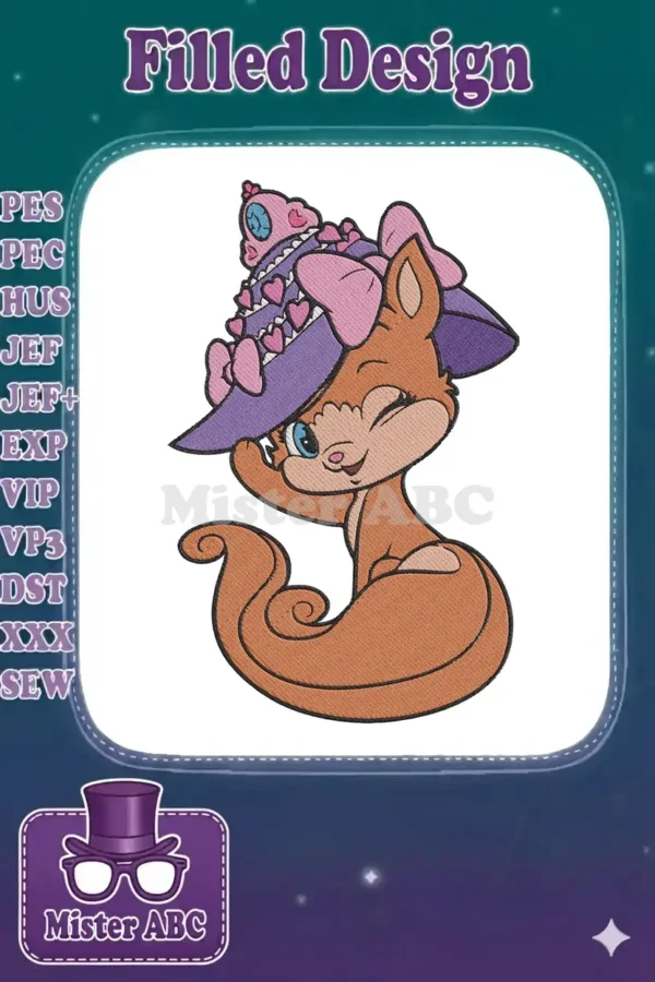 Close-up of a charming cartoon fox or cat character, winking and wearing a whimsical purple witch hat adorned with pink hearts.