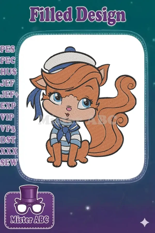 A cute, cartoon squirrel in a sailor uniform, featuring a white and blue hat and striped shirt, ready for embroidery.
