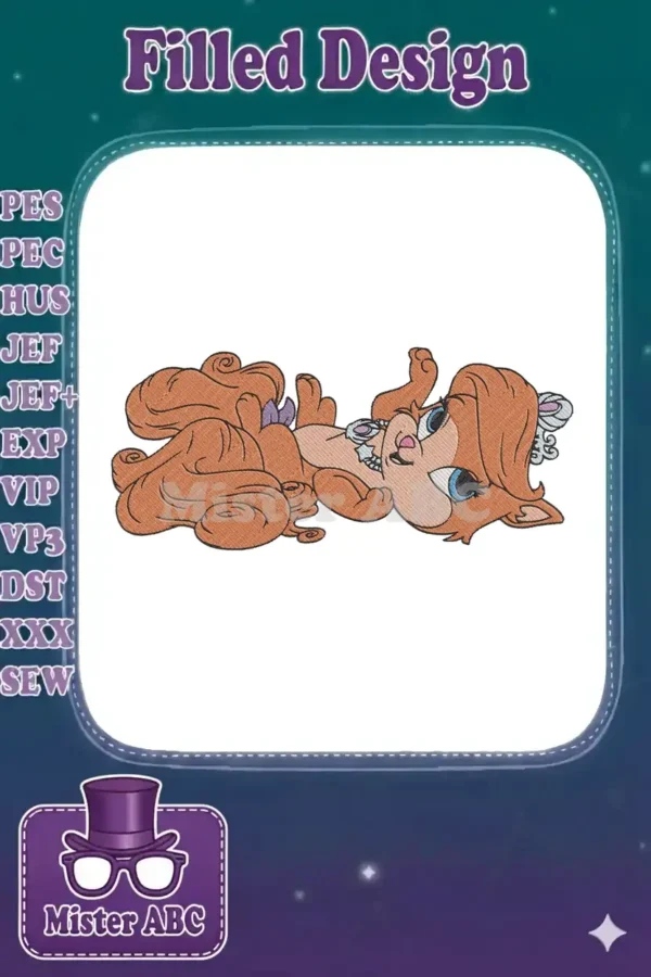 Adorable Clarice chipmunk embroidery design, featuring her signature curly hair, blue eyes, and playful pose.