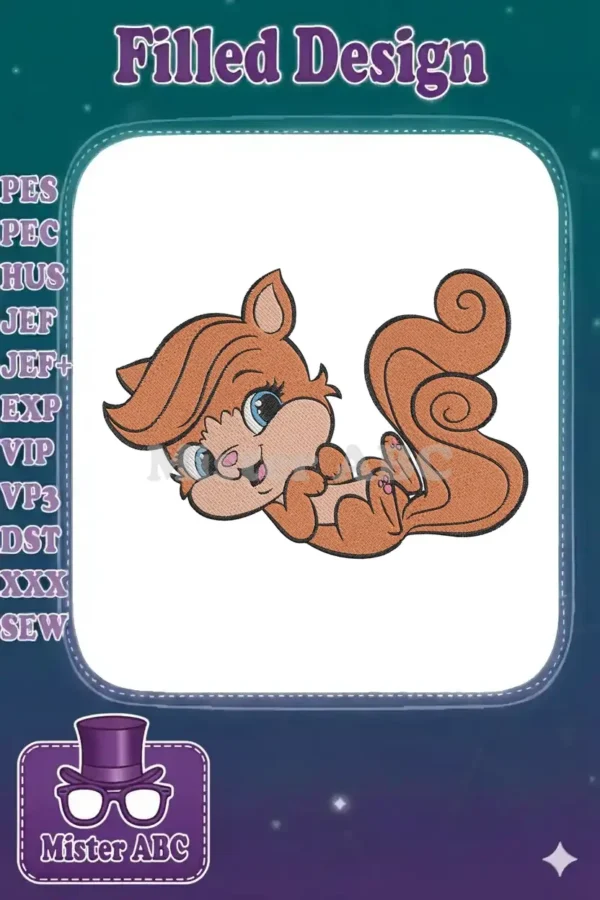 A charming embroidery design featuring a playful cartoon squirrel with big blue eyes and a fluffy tail, lying down.