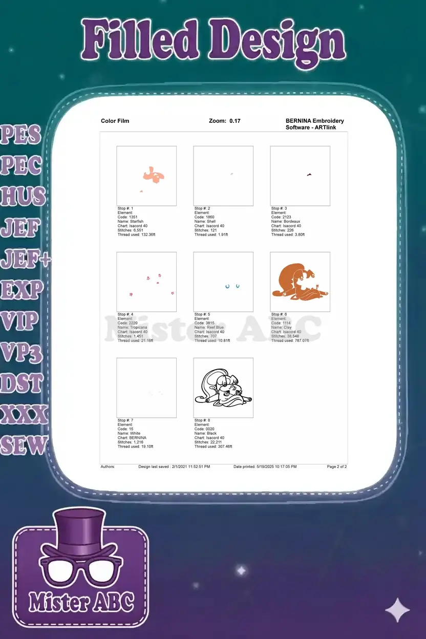 Color film breakdown illustrating the 8-step embroidery stitch sequence for the playful character design.