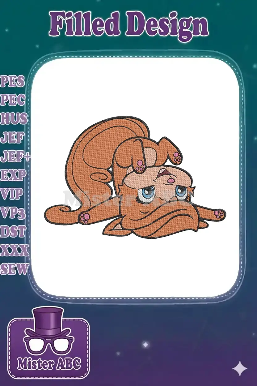Embroidery design of a playful brown cartoon character, possibly Minnie from Littlest Pet Shop, lying on its back.