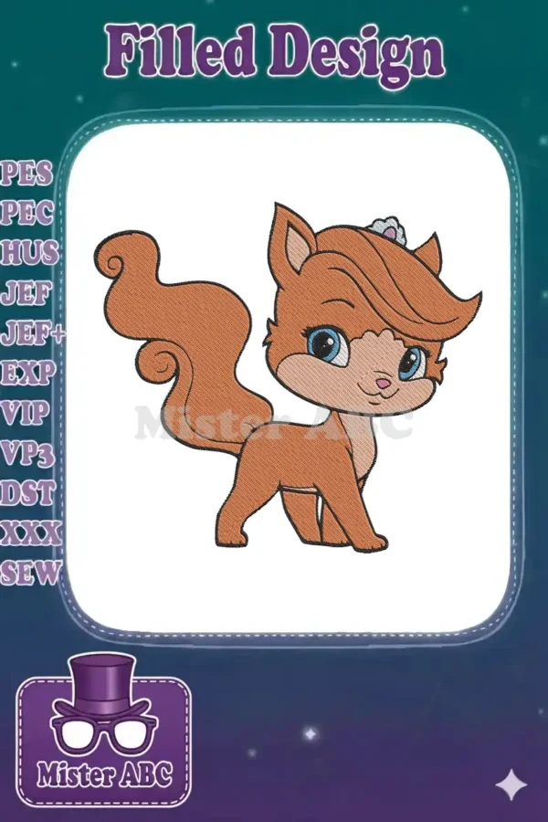 A delightful embroidery of Berry, Princess Snow White's squirrel from Palace Pets, featuring a cute crown.