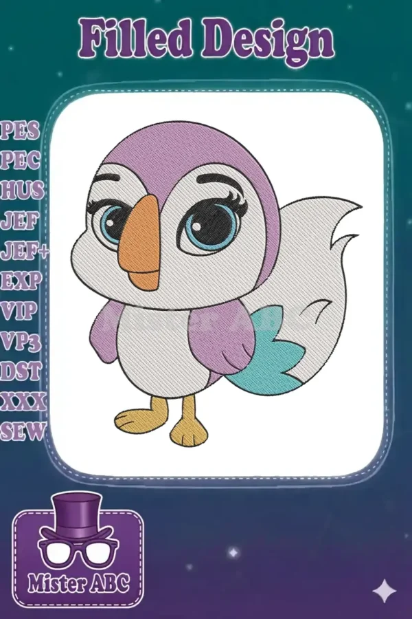 Close-up of a charming cartoon baby bird embroidery design, featuring purple, orange, and blue hues with big eyes.
