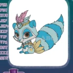 Cute blue raccoon with feathered headpiece embroidery designs - Instant Download