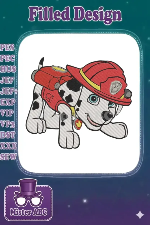 Vibrant embroidery of Marshall from Paw Patrol, the Dalmatian firefighter pup, in a playful, crawling pose.