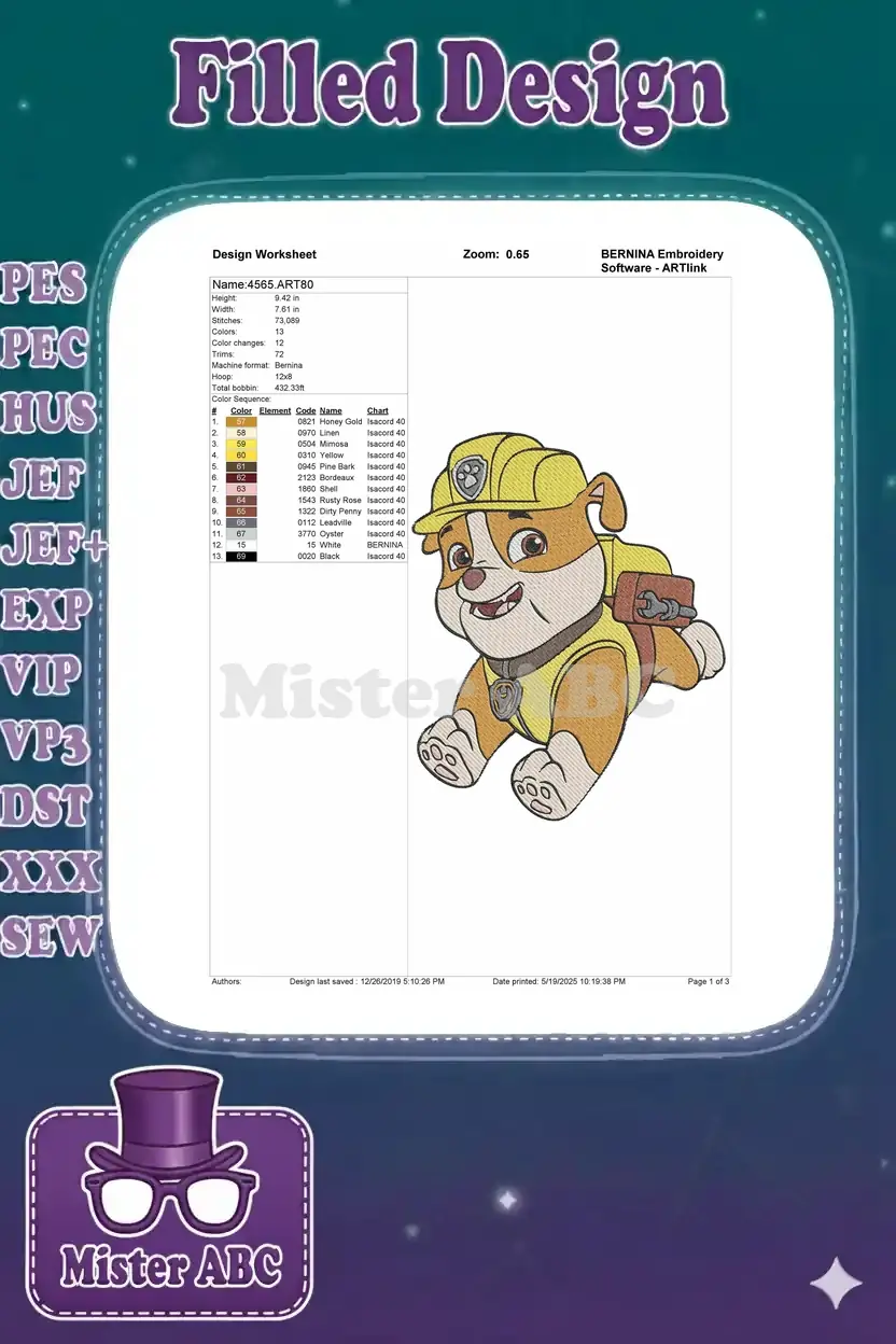 An embroidery design worksheet for Rubble from Paw Patrol, detailing dimensions, stitch count, colors, and thread types.