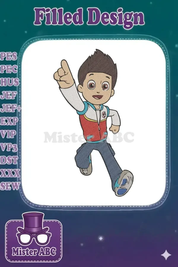 Close-up of a vibrant machine embroidery design featuring Ryder from Paw Patrol in an action pose, pointing upwards.