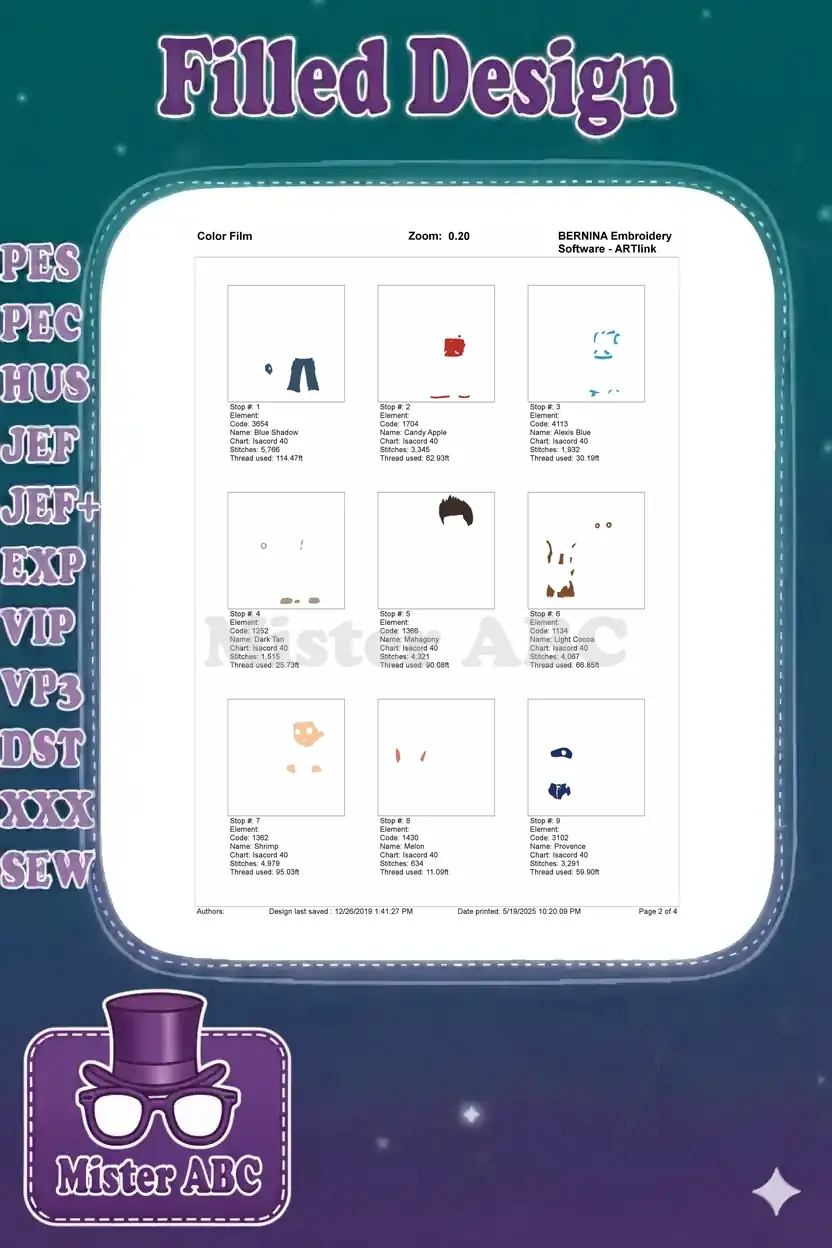 First part of the embroidery color film, displaying stitch order for initial color blocks of the design.