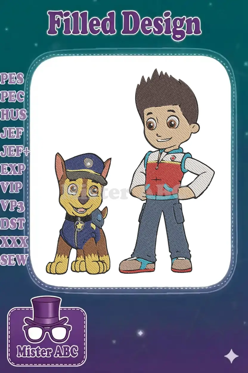 Full-color embroidery design of Paw Patrol's Chase and Ryder, standing side-by-side on a white background.