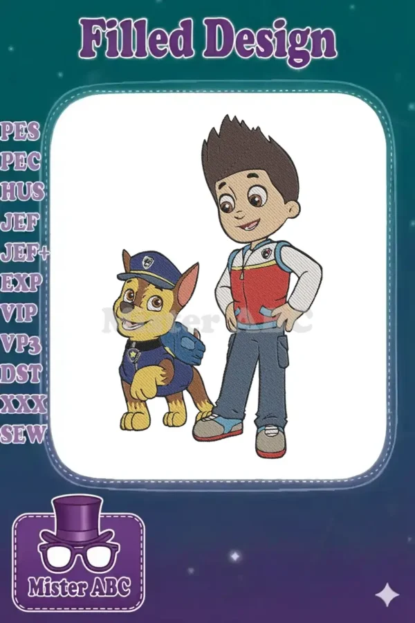 Ryder and Chase from Paw Patrol embroidery design, vibrant colors, detailed stitching, ready for adventure.
