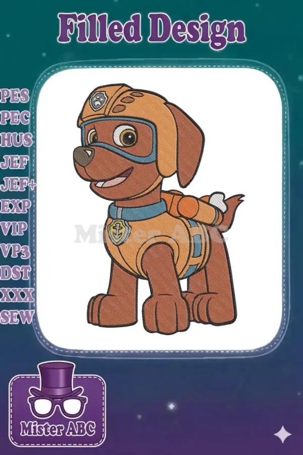 A detailed embroidery design of Rubble from Paw Patrol, smiling in his orange and blue rescue gear.