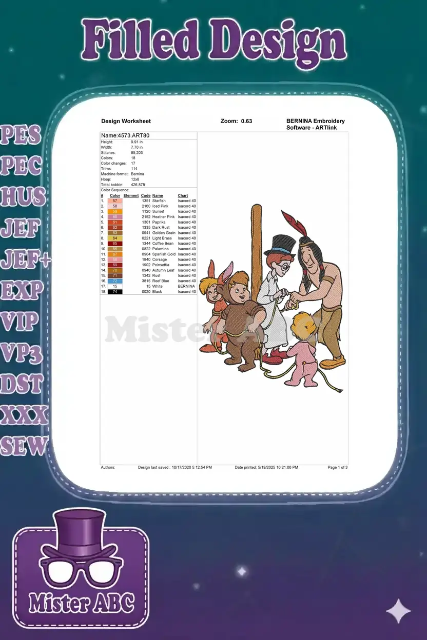 Detailed embroidery design worksheet showing dimensions, stitch count, color sequence, and machine specifications.