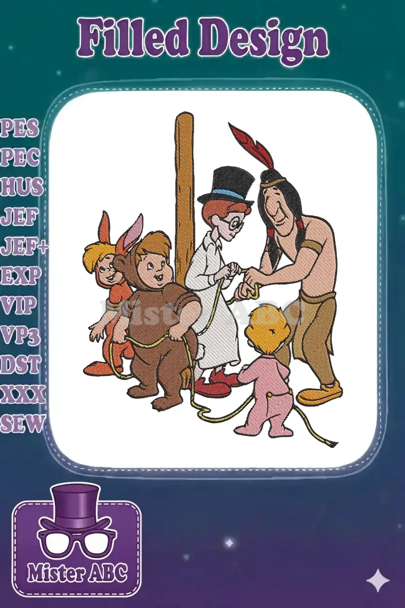 Vibrant embroidery design featuring Peter Pan, Captain Hook as a boy, Tiger Lily, and two Lost Boys playing with a rope.