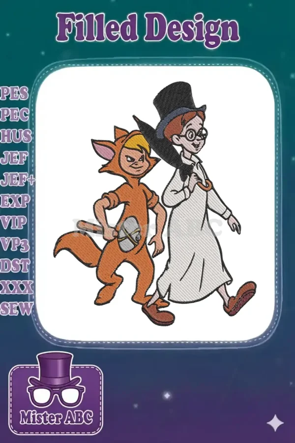 Vibrant embroidery featuring Pinocchio (as a fox) and Honest John walking together, captured in a classic pose.